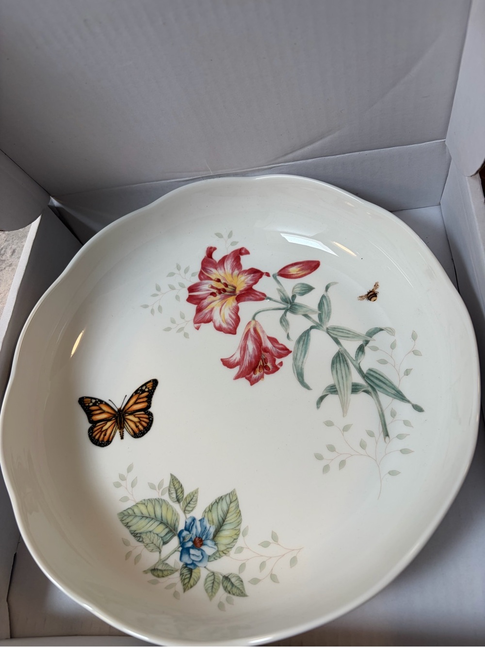 Lenox Floral Butterfly Ceramic Serving Bowl - White with Red & Blue Accents